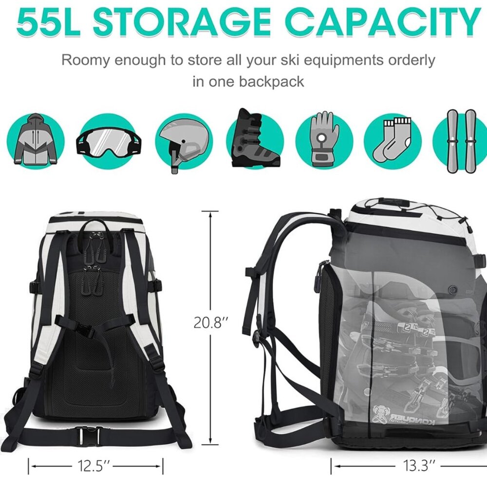 Ski Boot Bag, 55L Waterproof Ski and Snowboard Boots Travel Backpack - Picture 2 of 6